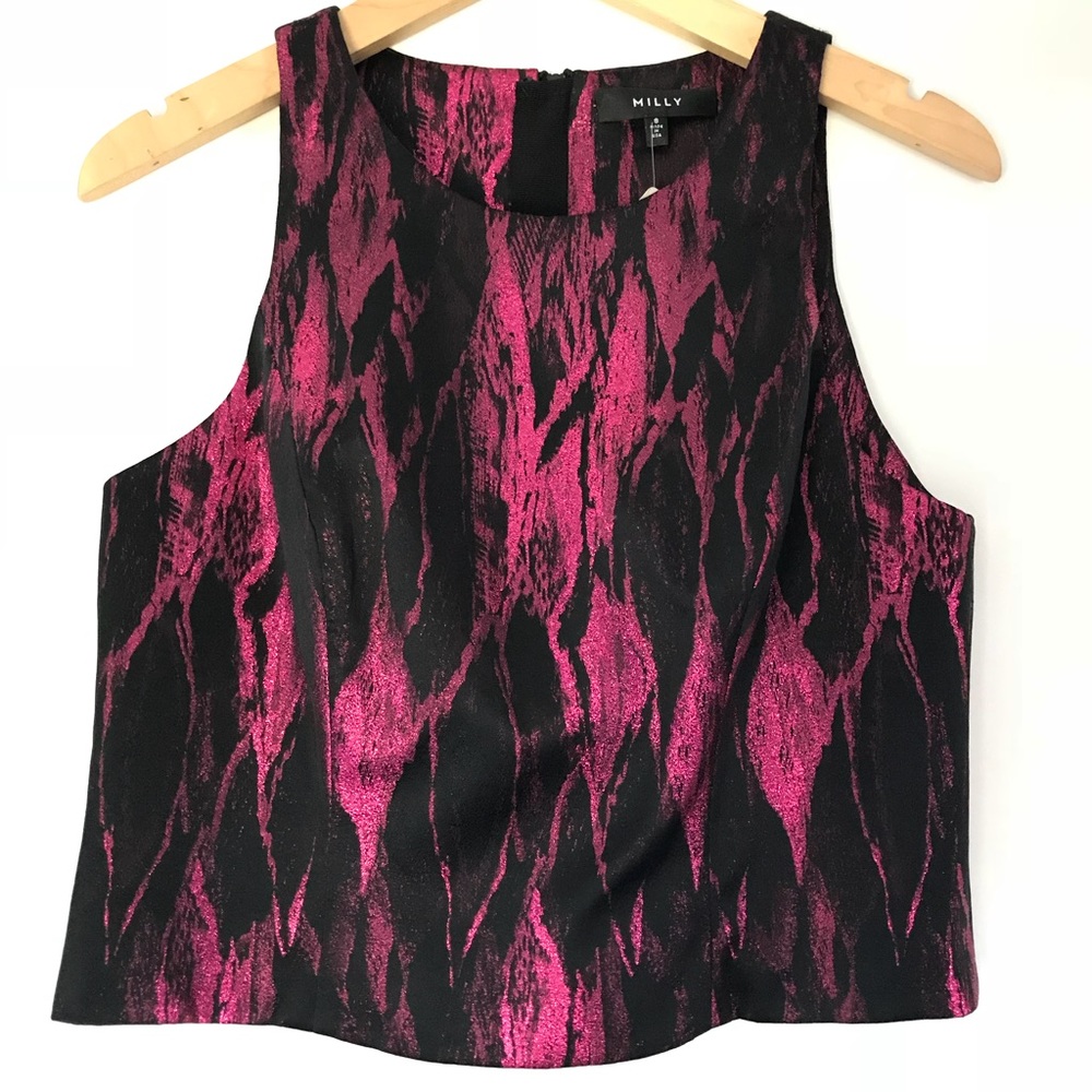 NWT MILLY Metallic Pink Woven Print Tank Shell Top